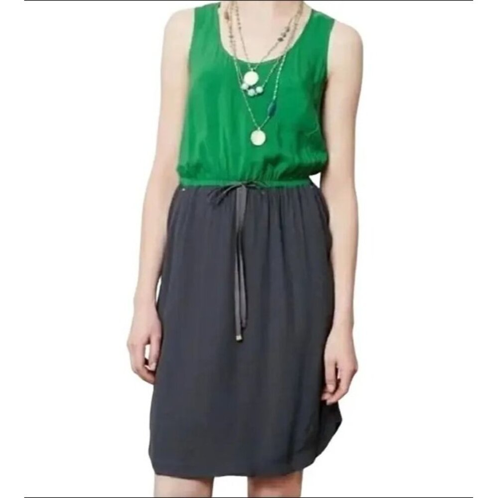 Green & Gray Sleeveless Dress With Drawstring Waist